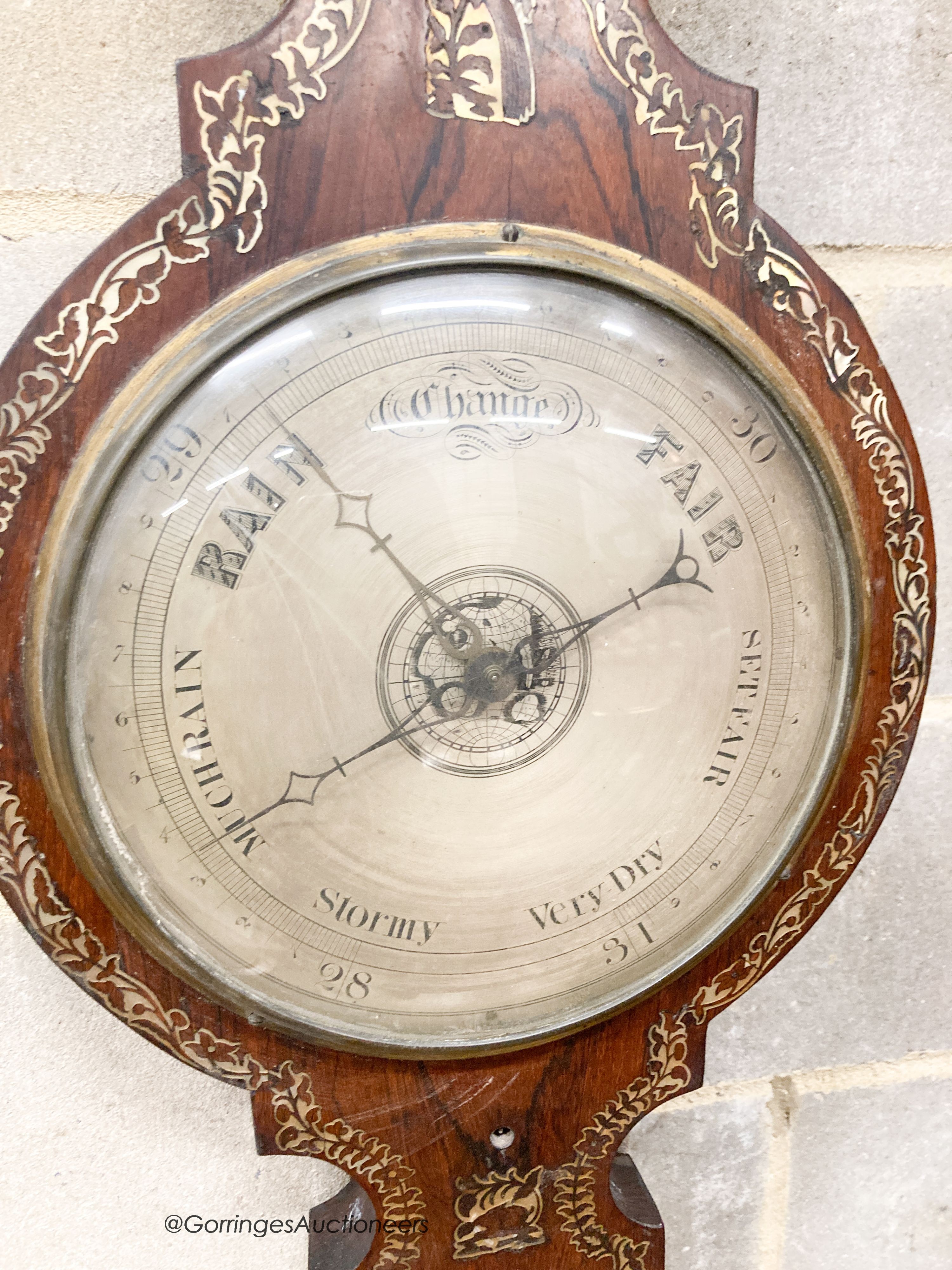 A Victorian mother of pearl inlaid rosewood barometer, height 110cm